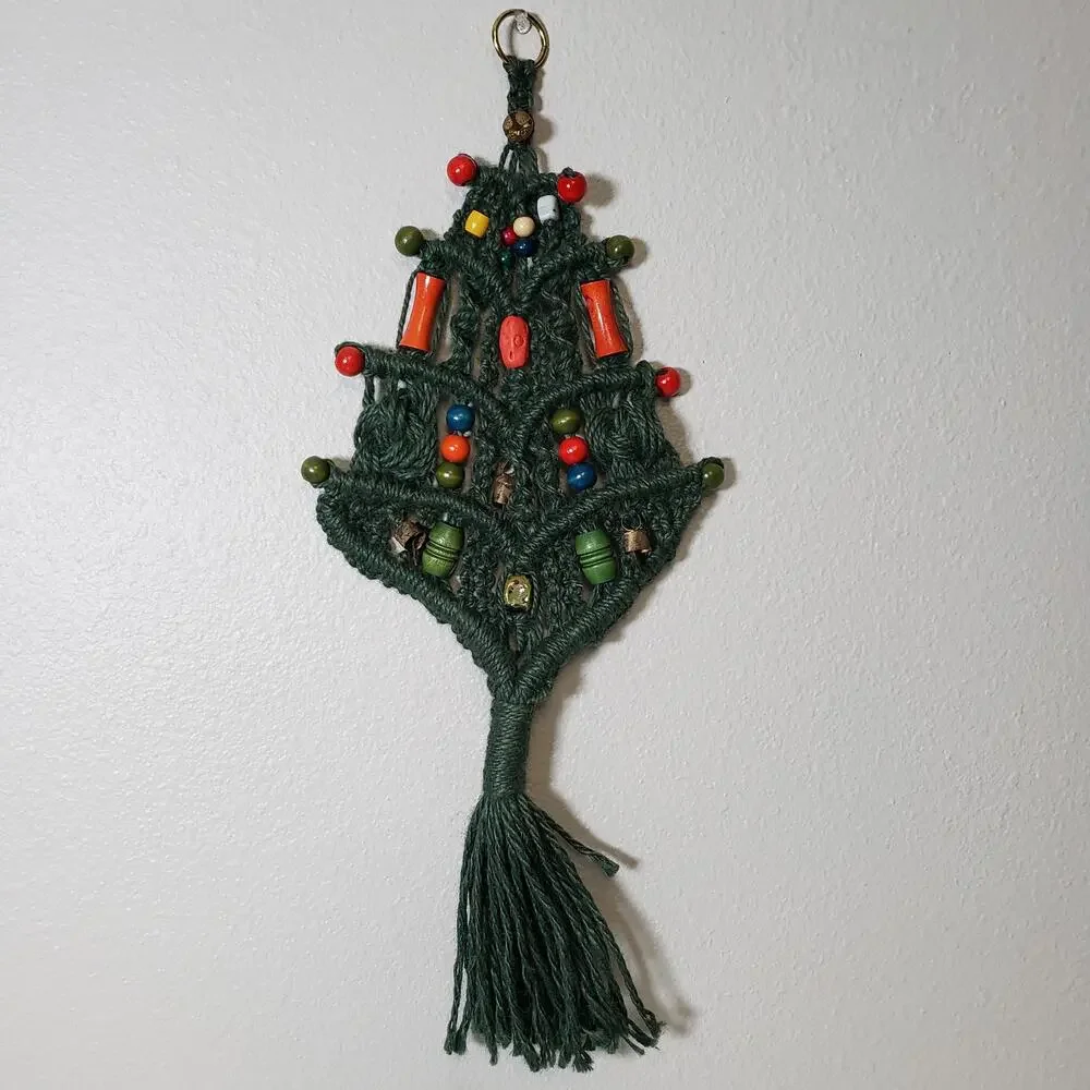 Vintage Handmade Macrame Christmas Tree Wall Art Green‎ Beaded Boho Pine Hippie